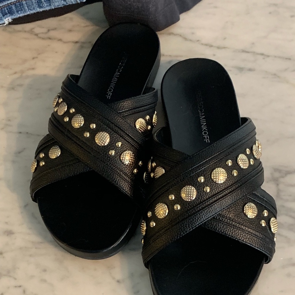 Rebecca Minkoff black leather slides